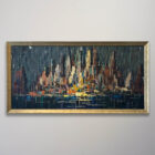 Large 1950s Palette Knife Cityscape Painting 50 x 26