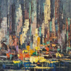 Large 1950s Palette Knife Cityscape Painting 50 x 26-3