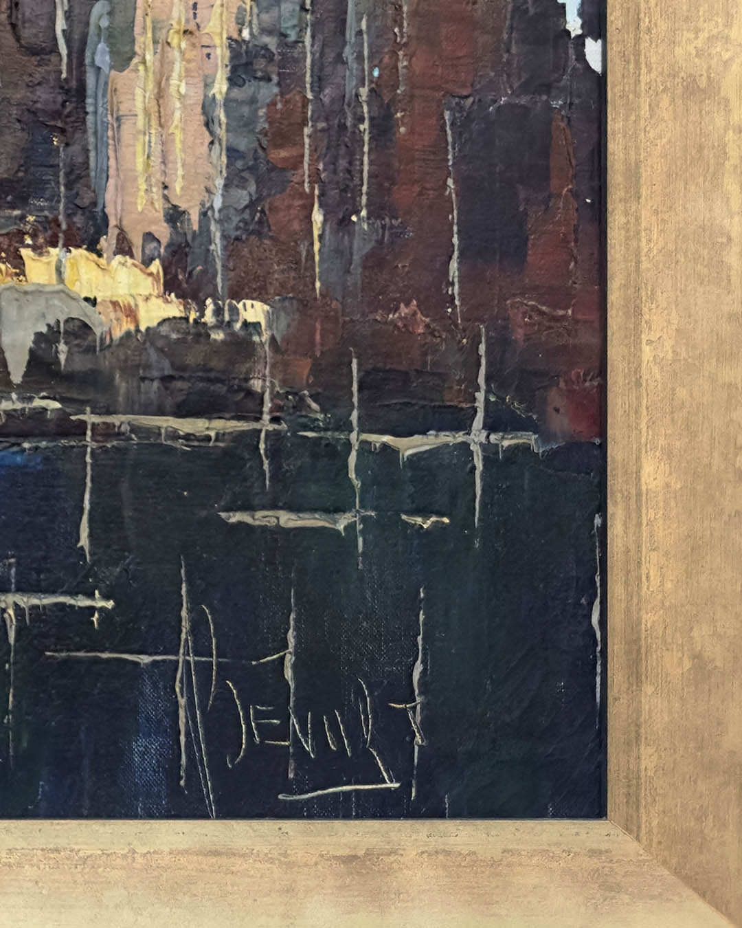 Large 1950s Palette Knife Cityscape Painting 50 x 26-3